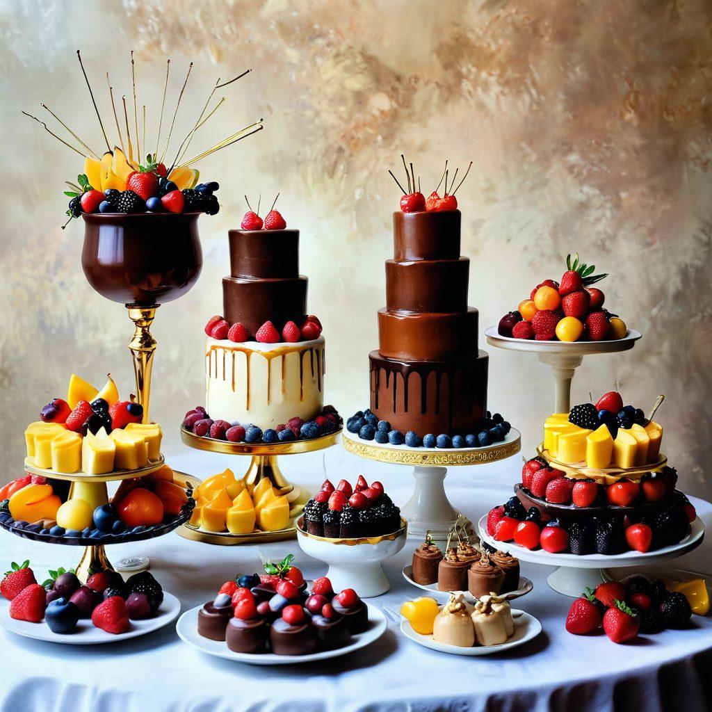 A lavish dessert table adorned with a variety of decadent sweets: fudgy chocolate cakes, creamy panna cotta, and vibrant fruit tarts, all arranged artfully with edible gold accents. Soft, romantic lighting casts a warm glow, enhancing the allure of the sweets. Wisps of steam rise from a rich chocolate fondue fountain, inviting viewers to indulge. Suggestive elements, like a couple sharing a dessert, evoke passion and intimacy. watercolor painting. rich colors. soft focus.