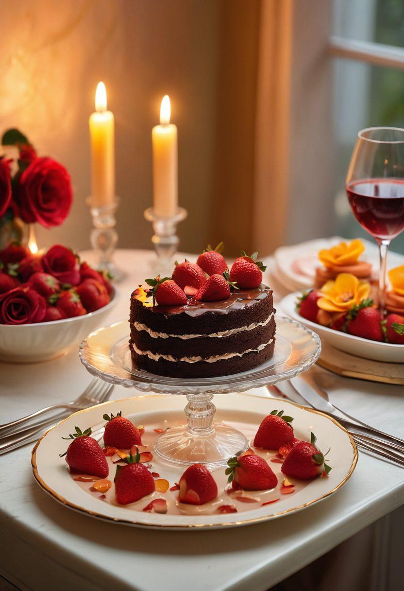 A beautifully arranged table setting for two, adorned with an elegant, heart-shaped chocolate cake topped with strawberries. Surrounding it, delicate glassware filled with velvety mousse and passion fruit, under soft glowing candles that cast a warm ambiance. Rose petals scattered artfully across the table, enhancing the romantic atmosphere. The background softly blurred to focus on the indulgent desserts, evoking intimacy and sweetness. super-realistic. warm colors. soft lighting.