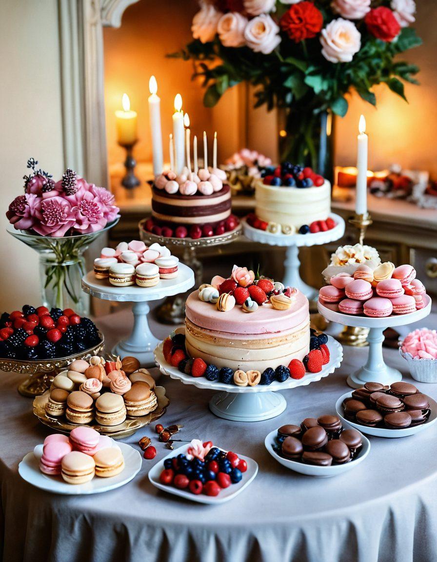 A whimsical dessert table overflowing with extravagant pastries and charming sweets, adorned with delicate flowers and soft candlelight. Include heart-shaped chocolates, colorful macarons, and an elegantly iced cake topped with fresh berries. The background should be a cozy, romantic setting with soft pastels and warm lighting that evokes affectionate moments. super-realistic. vibrant colors. soft focus.